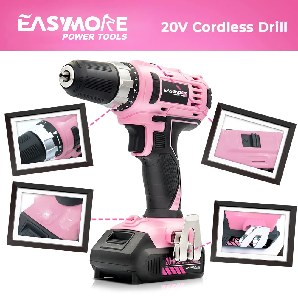 wireless power hand pink drill 20v cordless lithium electric drill set with battery and charger