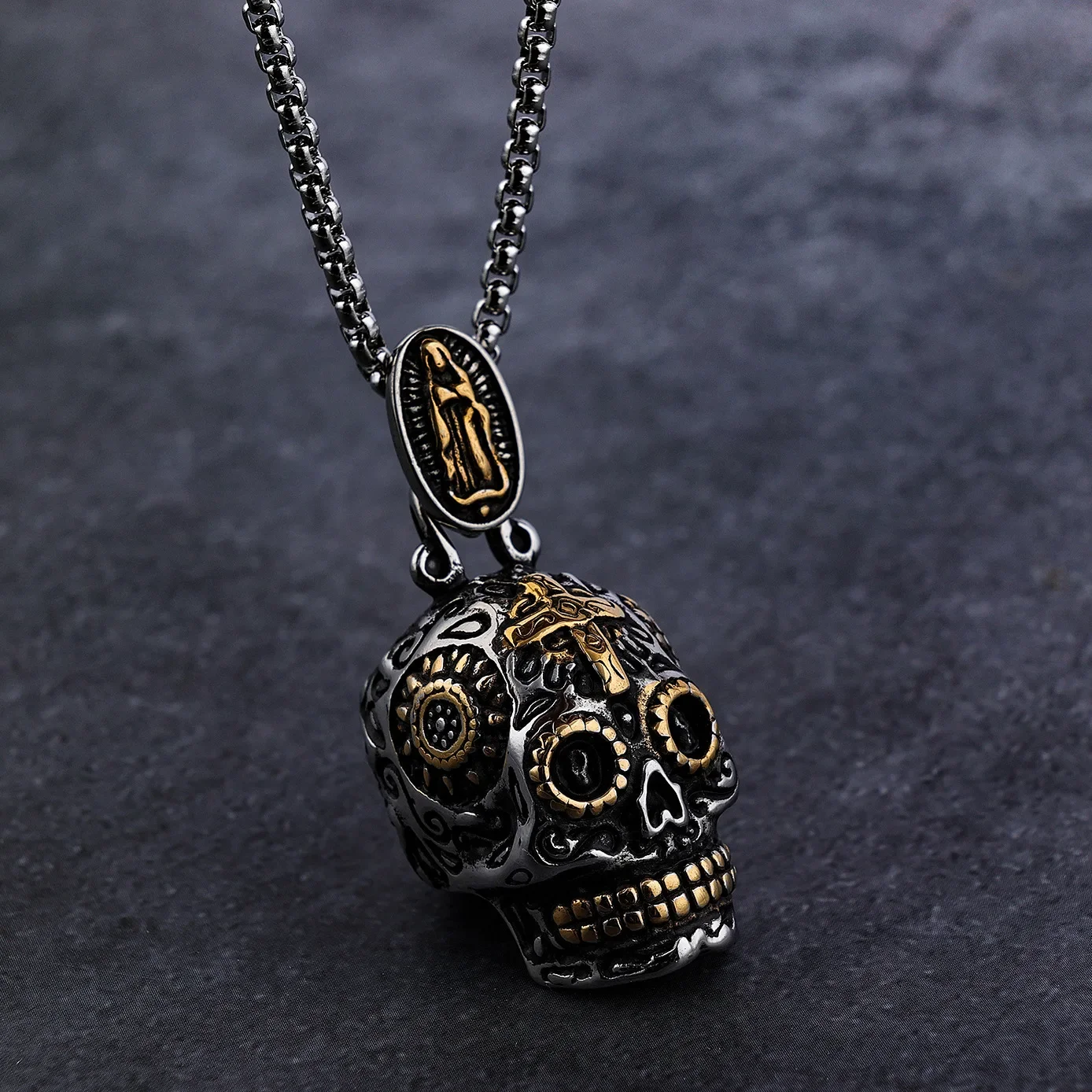 Men's Gothic Skull Ghost Head Pendant Necklace Retro Punk Catholic Cross Virgin Statue Necklace