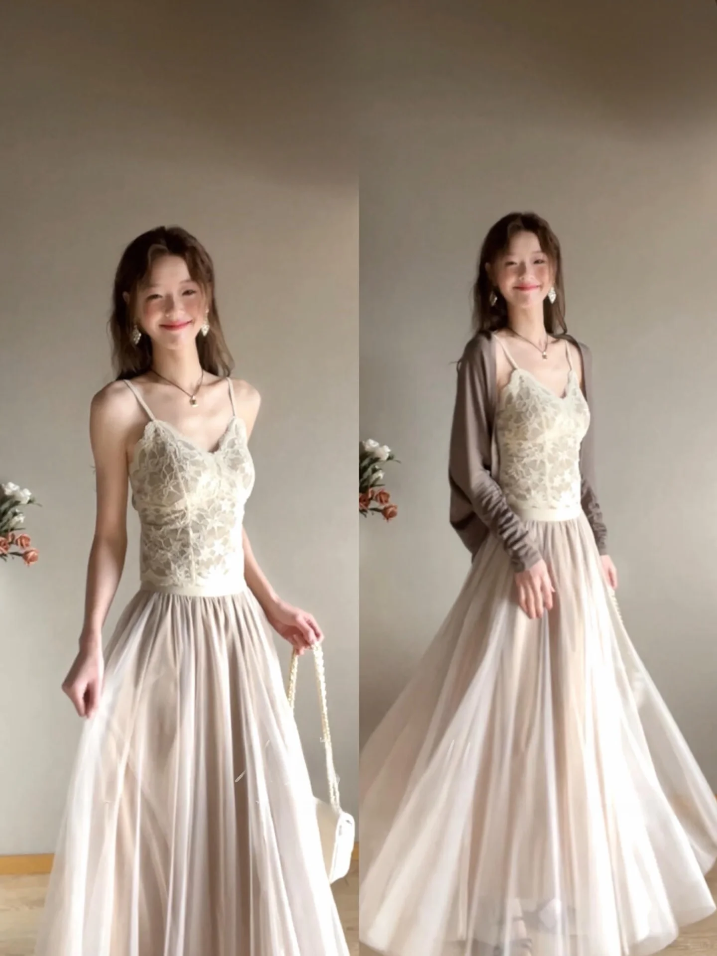 

Spring New Long Sleeve Knitted Open Cardigan Lace Bralette Vest Mesh A-Line Skirt Three-Piece Set Women Fashion Ensemble