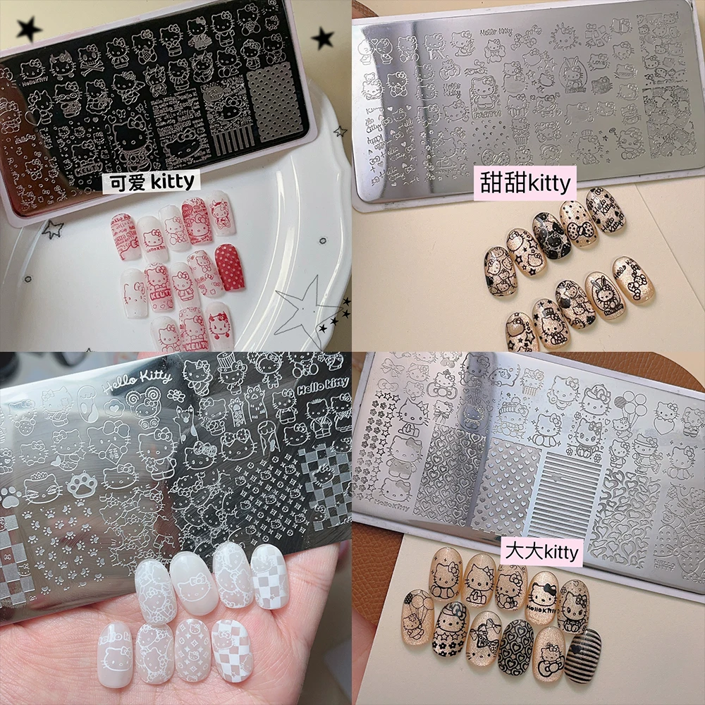 

1Pc Kawaii Cartoon Anime Sanrio Hello Kitty Manicure Stencil Tool Flowers Love Bowknot Rabbit Pentagram Nail Printing Template