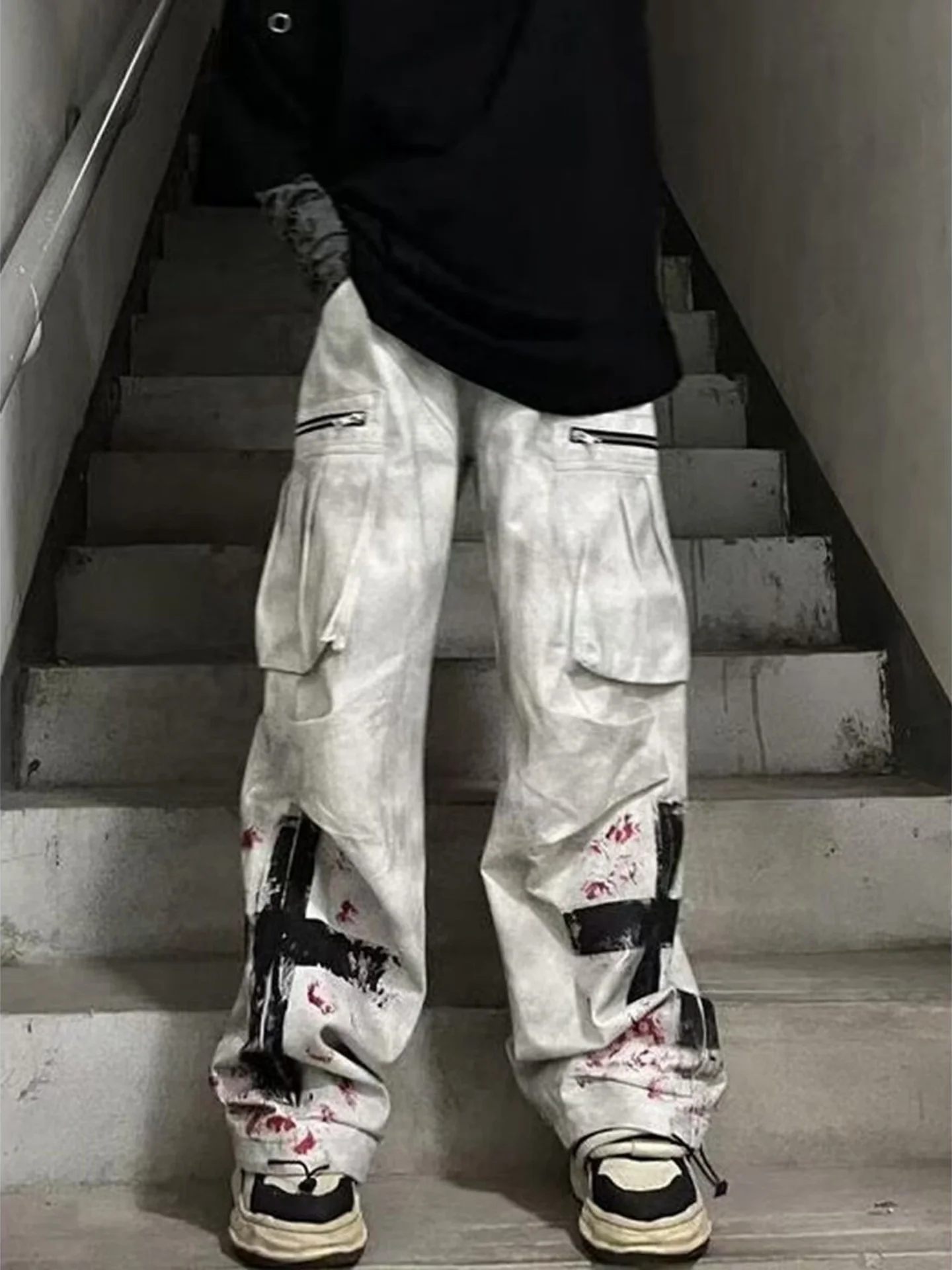 American Style Ripped Vintage Work Pants Men's Subculture Street Hip Hop Loose Casual Long Trousers with Multiple Pockets
