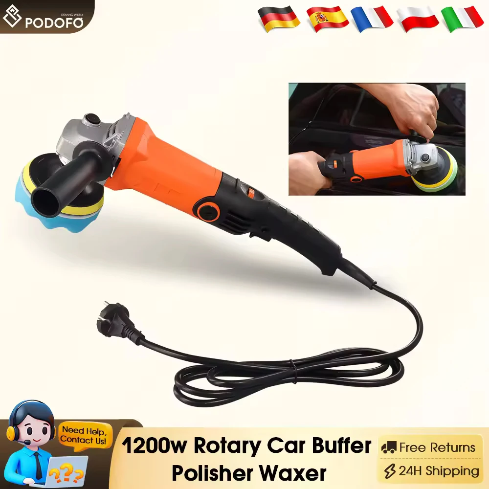 Polisseuse rotative Podofo pour voiture, polisseuse à cire 1200W à vitesse variable avec 14 roues en éponge pour le polissage de bateaux et de voitures