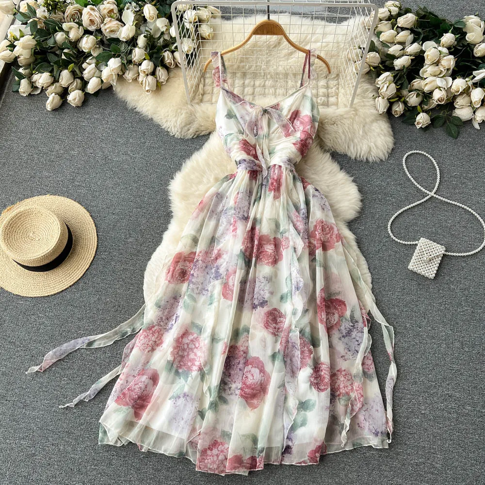 Women's Summer New French Lace up Waist Closing V-neck Fairy Dress  Flower Print Ruffed Edge Suspender Strap Mesh Dresses