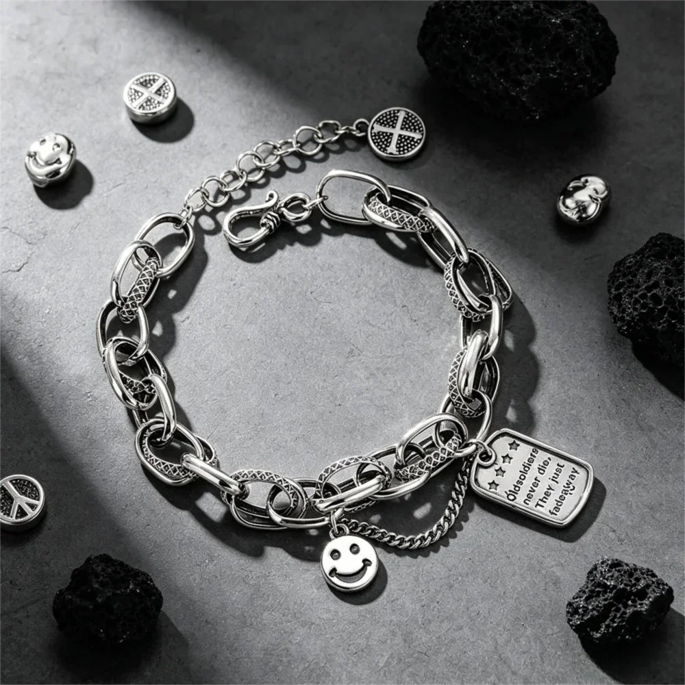 S925 Silver Charm Bracelet with Smile Face and Engraved Square Tag, Tassel Chain, Creative Trendy Accessory for Women
