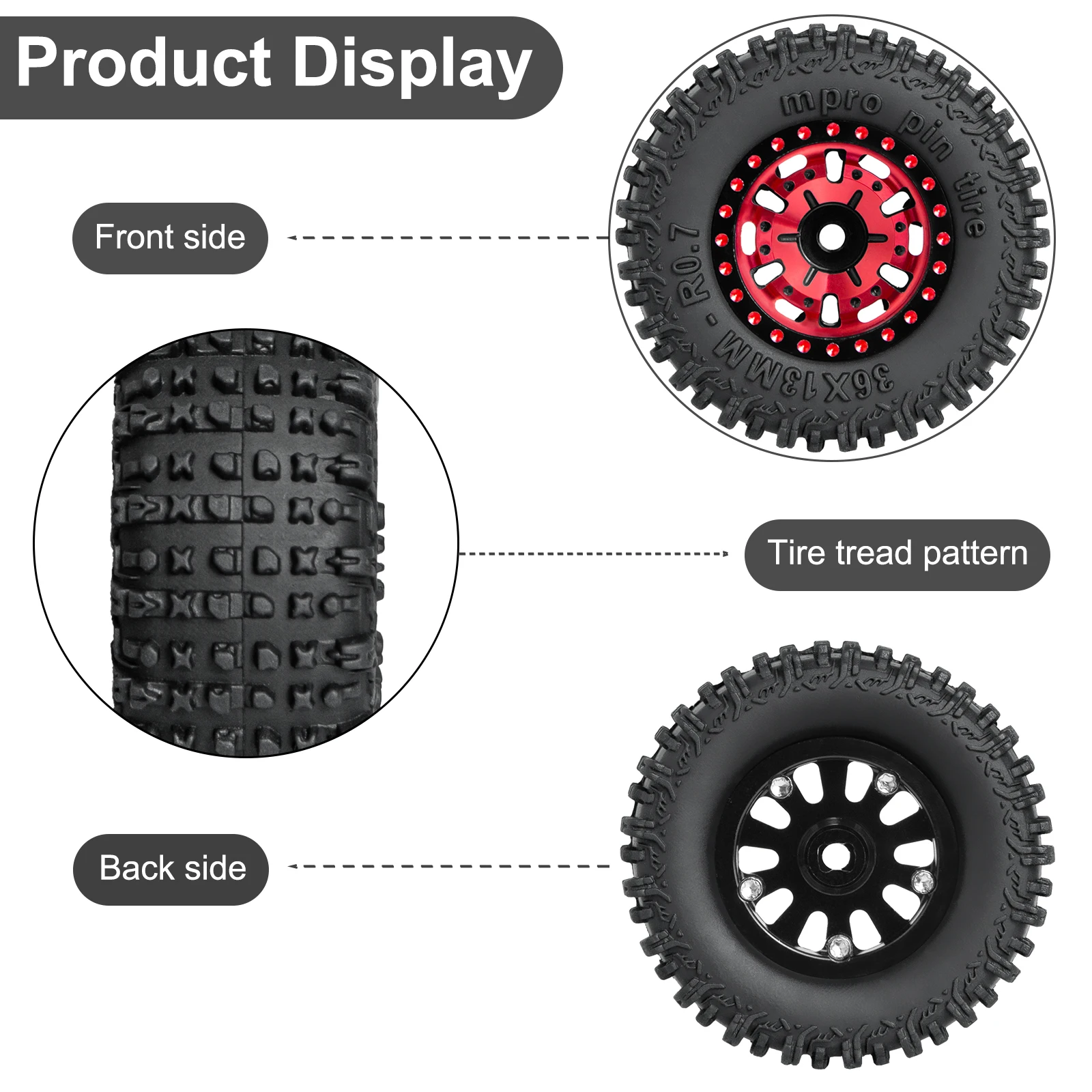 HFLRC 4PCS 1/30 Axial SCX30 M PRO Beadlock Wheels Tires 36x13mm 0.7 inch for Ford Bronco Chevrolet K10 Crawler