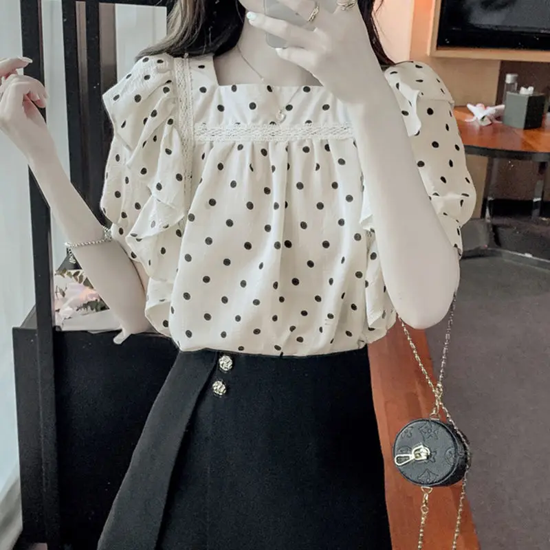 Sweet Chiffon Lace Ruffles Polka Dot Blouses Summer Square Collar Printed Commute Tops Puff Sleeve Women\'s Clothing Korean Shirt