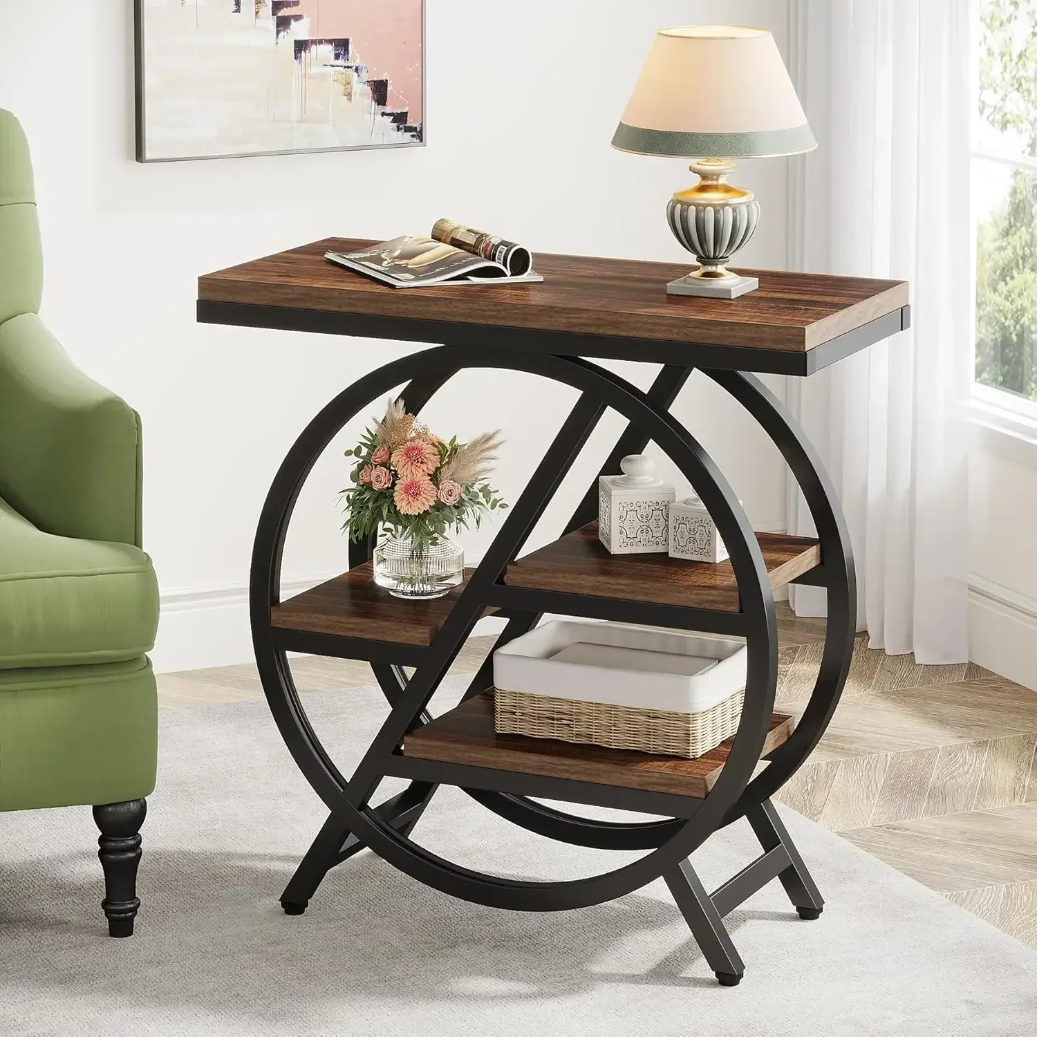 End Table for Living Room, 3-Tier Narrow Side Table with Storage, Wood Sofa Side Table with Geometric Metal Frame, Nightstand