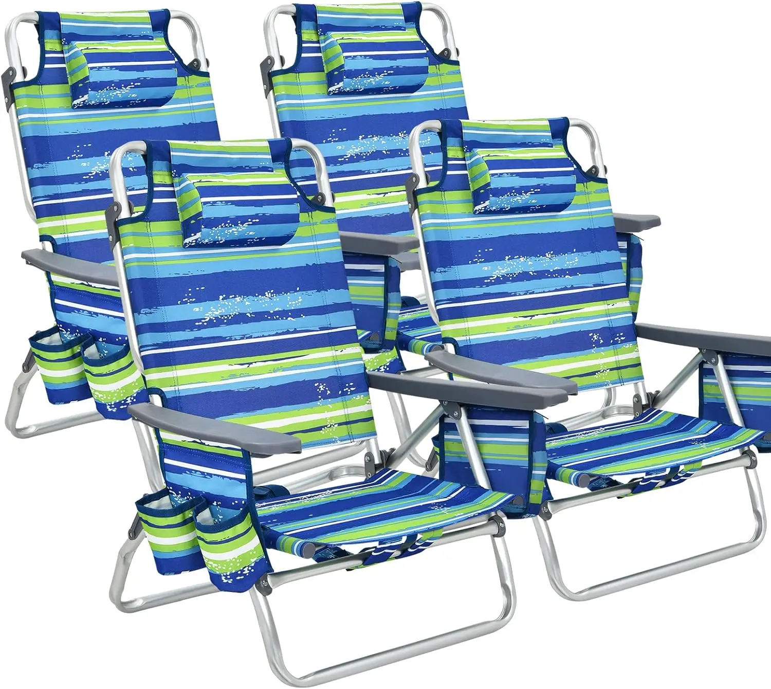 Beach Chair 4 Packs Camping Chair with Armrest Cup Holder Towel Bar and Pocket Tanning Sling Tanning Lounge (Blue with No Table)