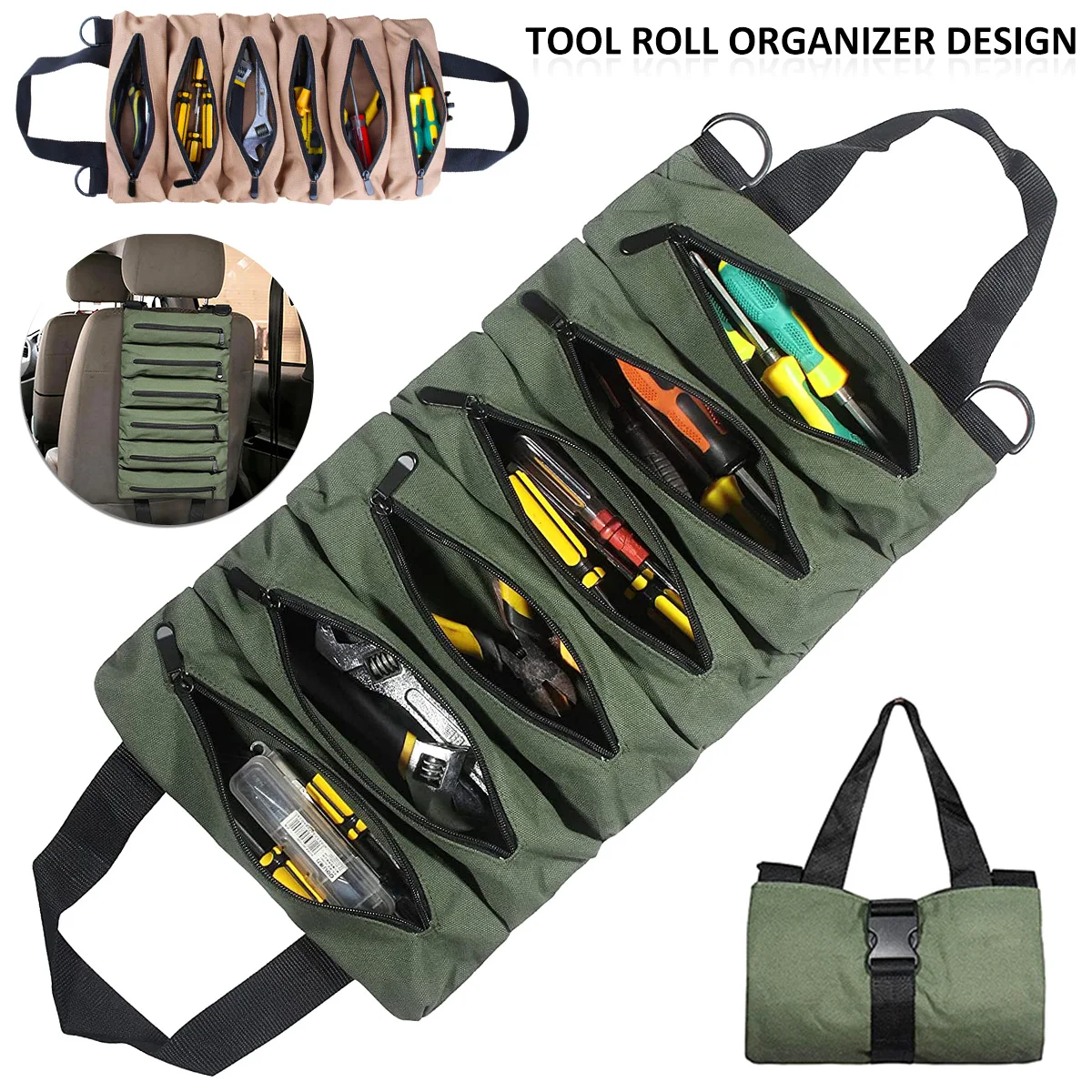 

Canvas Tool Roll Up Bag Tool Pouch With 6 Zipper Pockets Large Capacity Tools Wrap Roll Storage Case Hand-held Tool Carrier Tote