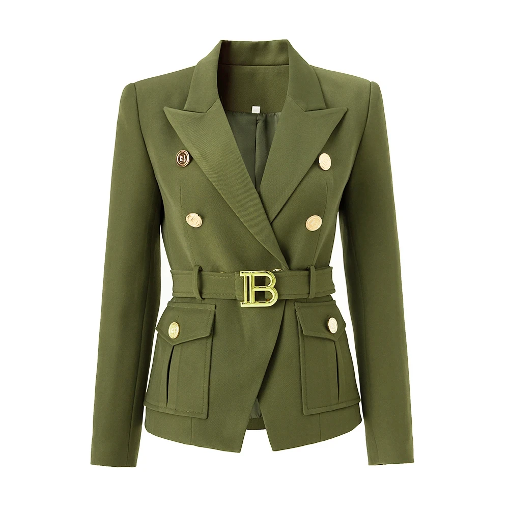 Spring Autumn Formal Work Lady Army Green Pockets Jackets with Metal Belt Super Shape Look Elegant Women Blazer