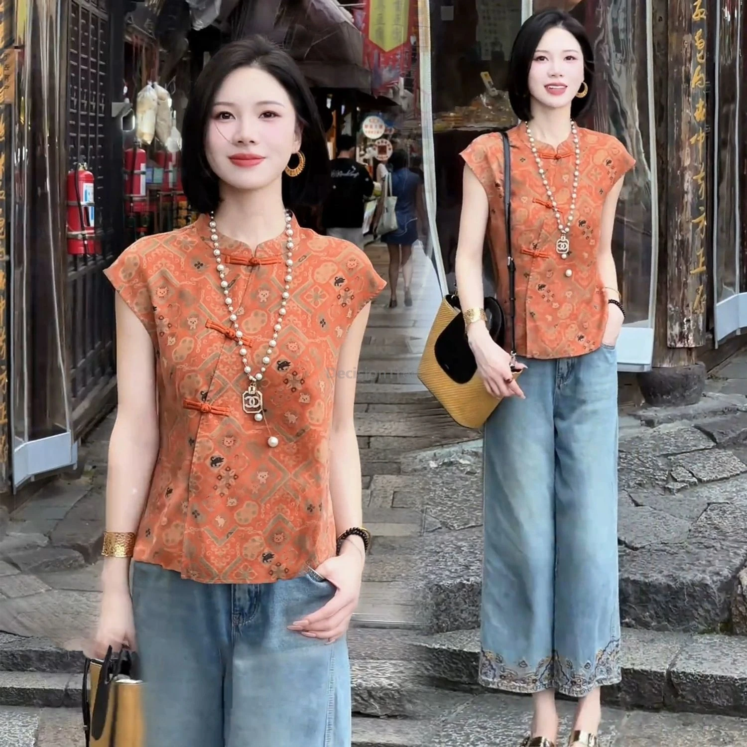 

2025 new chinese style vintage disc buckle design qipao top summer short sleeved blouse temperament slim fitting thin lady top