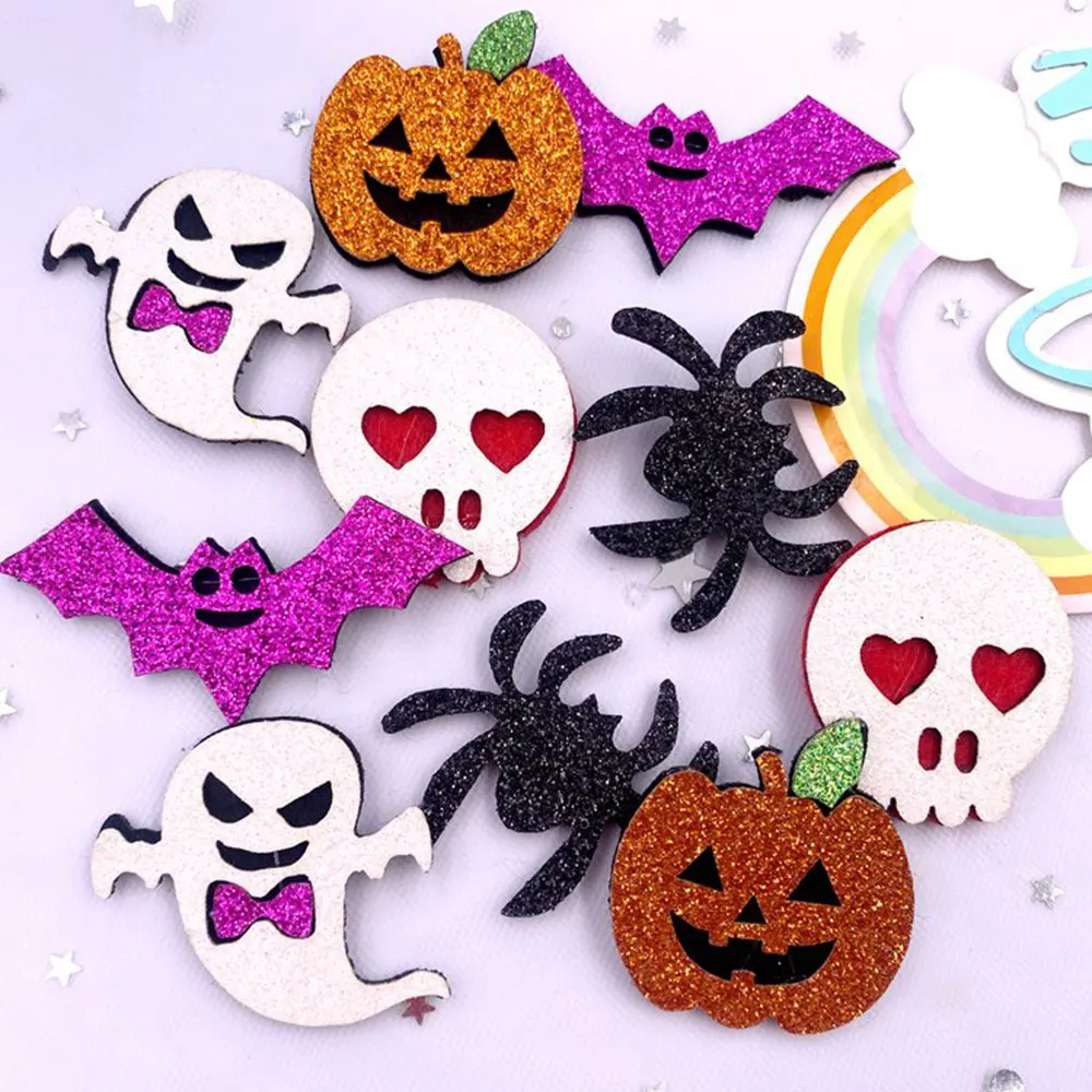 10pcs Felt Fabric Colorful Glitter Cartoon Skull Head Bat Spider Pumpkin Patch Applique Sewing DIY Hair Bow Halloween Supplies