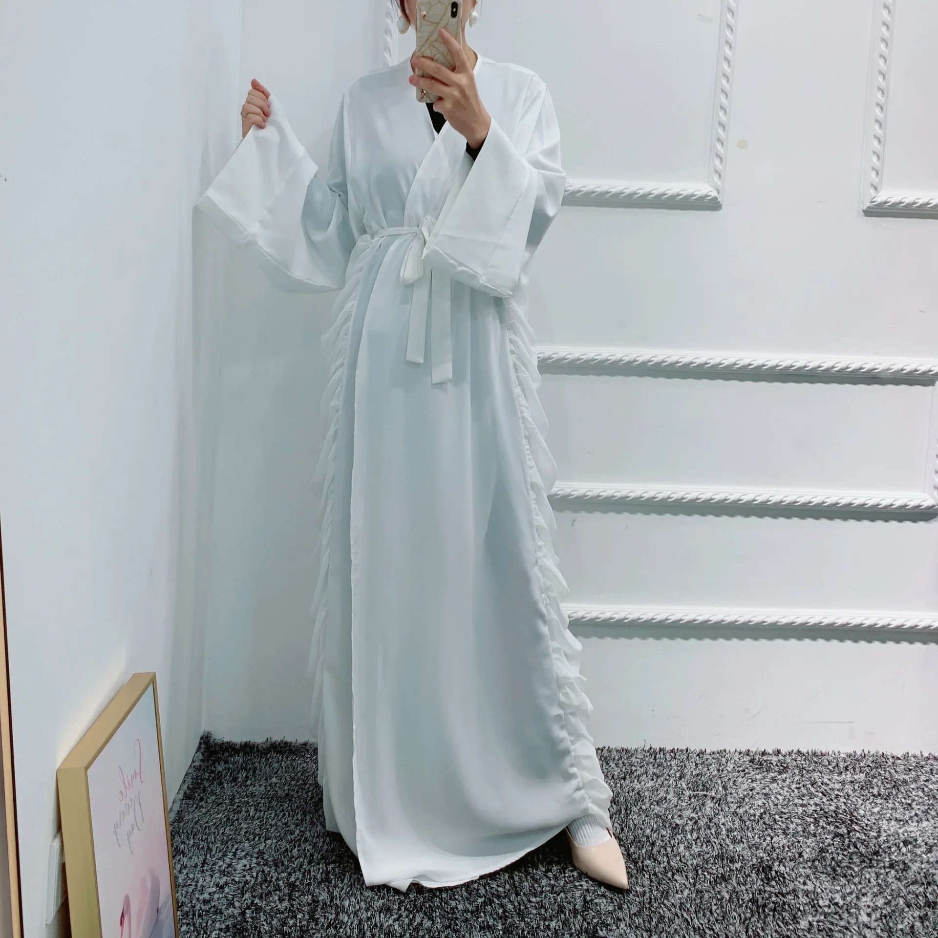 Sukienki muzułmańskie Abayas dla kobiet Turcja Dubaj Sznurowany elegancki kardigan Szaty Vintage Wzburzona sukienka Maxi Damska Casual z długim rękawem