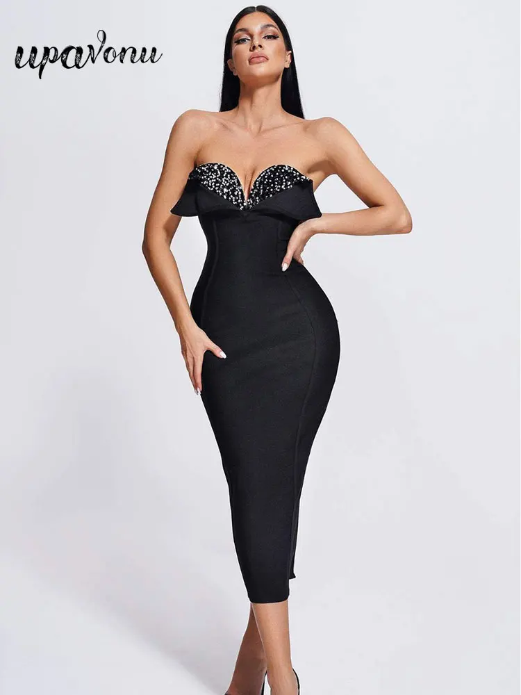 

Sexy Women's Bandage Dress Strapless Sleeveless Sequins Design Bodycon Backless Diamond Tassel Midi Dress Evening Party Vestidos