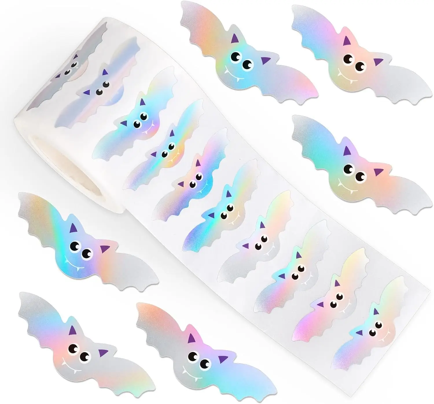 500Pcs Halloween Roll Iridescent Cartoon Bats Shape Seal Stickers Waterproof Self-Adhesive Decals For Envelope Journal Decor Bir