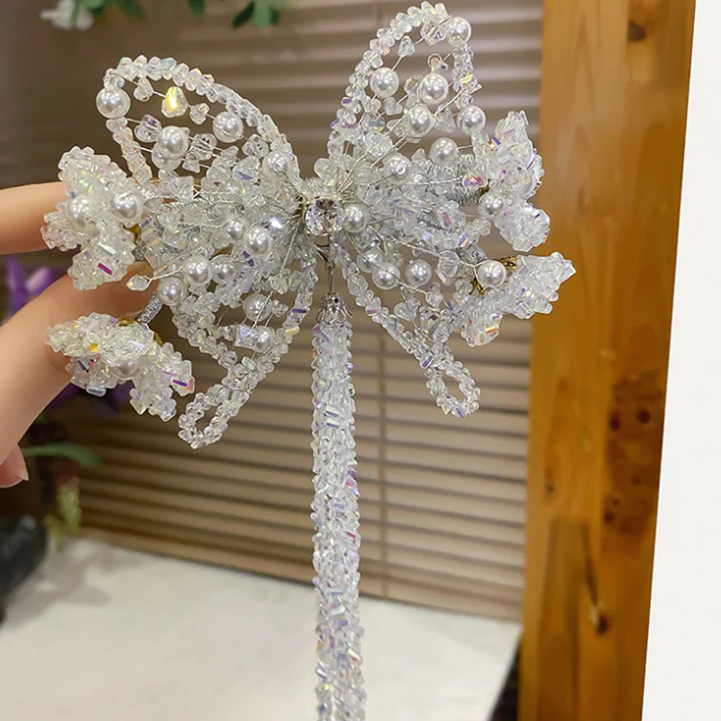 Chinese Style Butterfly Spring Clip Hand Woven Crystal Tassel Hair Clip Low Ponytail Barrette Luxury Daily Party Hair Accessory