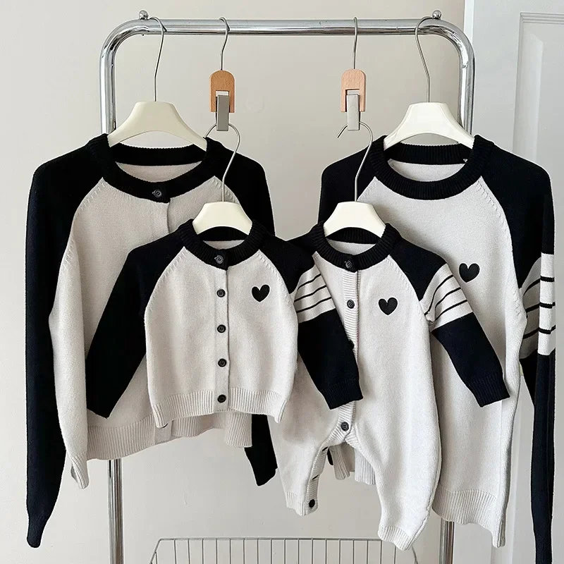 2026 Christmas Mother Baby Kids Family Of Three Contrast Color Bar Love Knitted Sweater Cardigan Coat Children Autumn Clothes