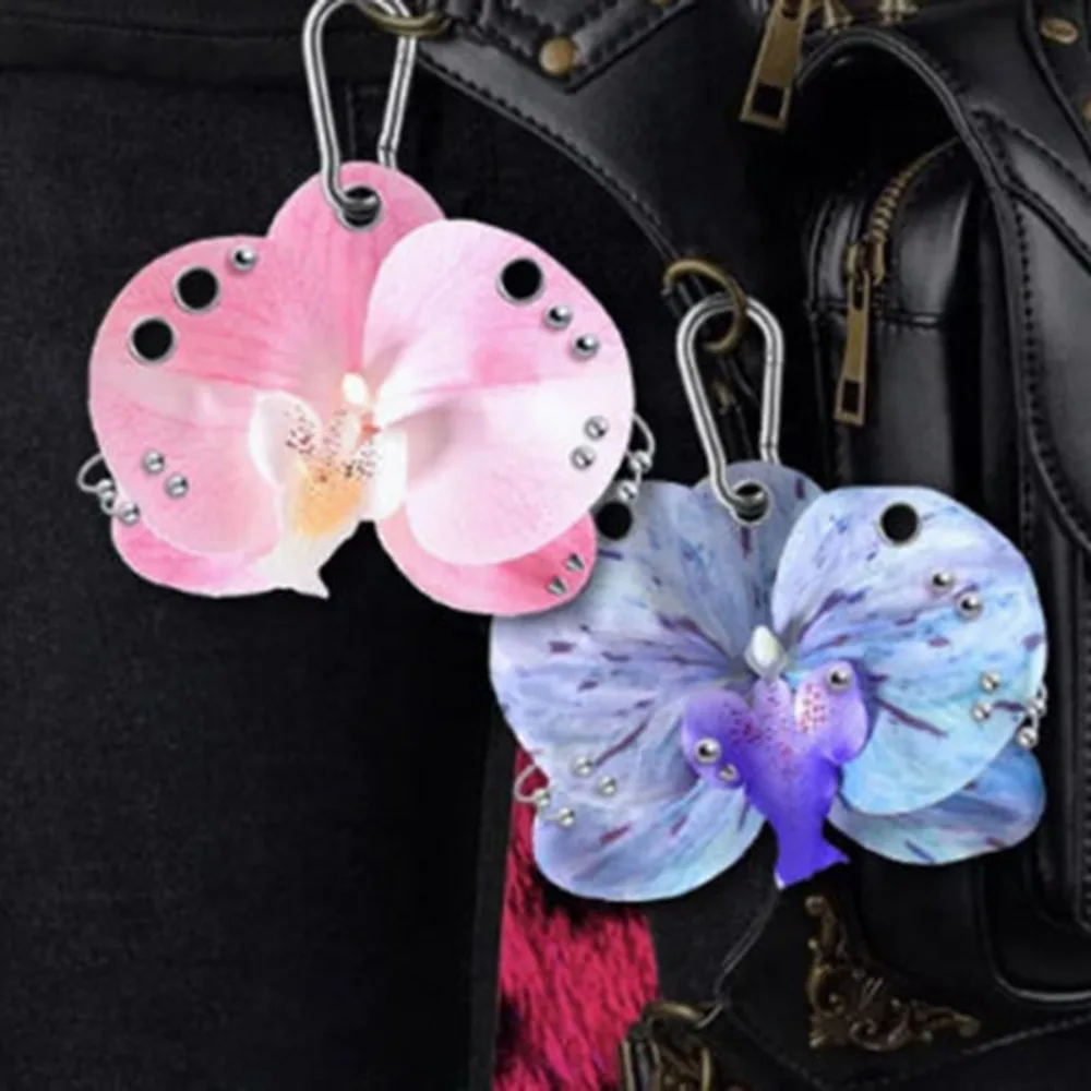 Romantic Charm Pink Purple Artificial Phalaenopsis Morning Glory Flower Key Chains for Women Bag Pendant Decoration Jewelry Gift
