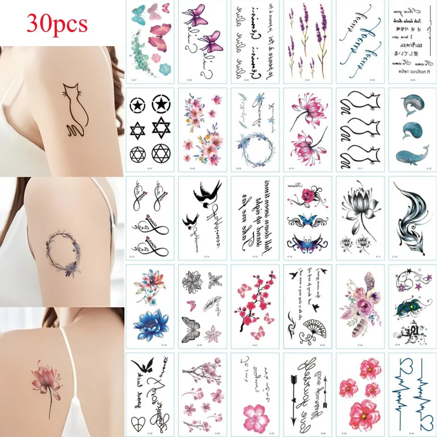 30 teile/paket gefälschte ästhetische Tätowierung Aufkleber Blume Fan Englisch Brief Sätze Schmetterling Tattoo wasserdicht für Frauen Körper Hand Bein