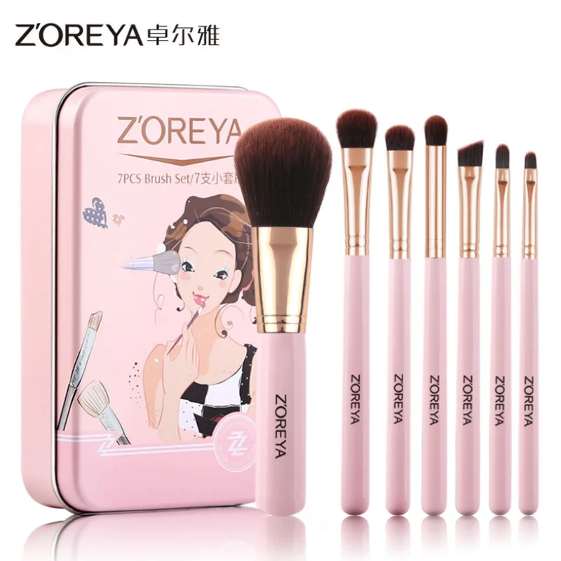 ZOREYA Herramientas de maquillaje Brocha de maquillaje de cerdas suaves Juego completo Mini brocha de maquillaje portátil de 7 piezas Juego de caja de lata
