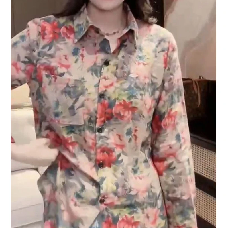 Women Clothing Stylish Vintage Floral Print Button Up Shirt Casual Chic Lapel Blouse Spring Autumn Long Sleeve Loose Tops Blusas