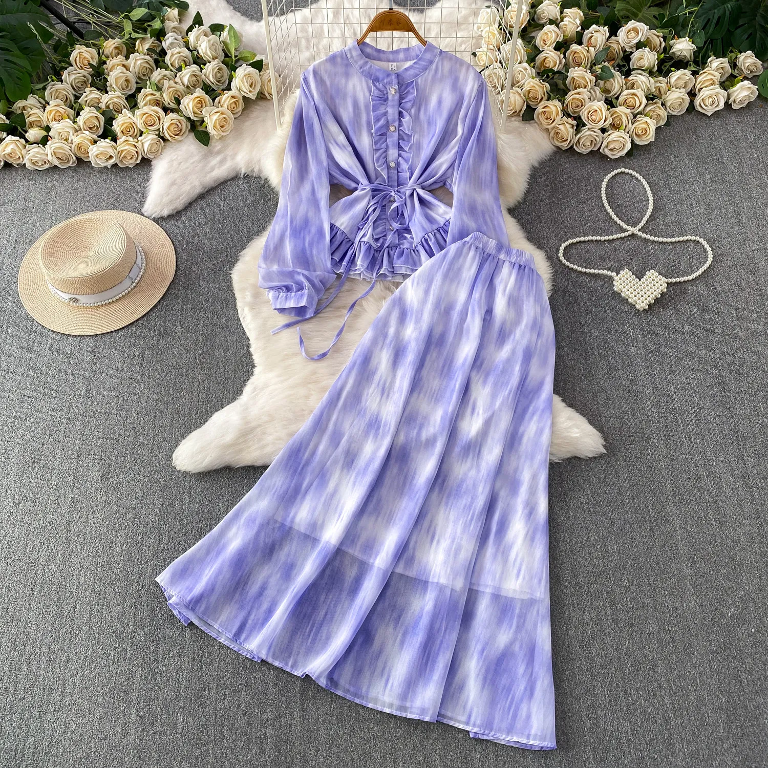 Spring Autumn Bohemian Women Tie Dye Print Two Piece Set Elegant O-Neck Single Breasted Blouse+ High Waist Skirt Suit Beach New view 3