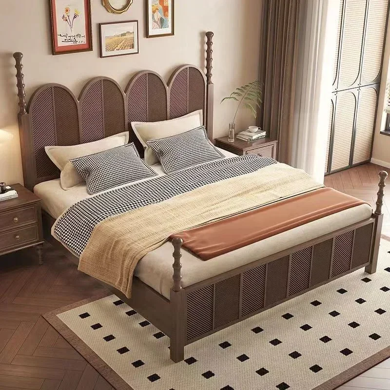 American solid wood bed double French retro carved Roman column wedding bed