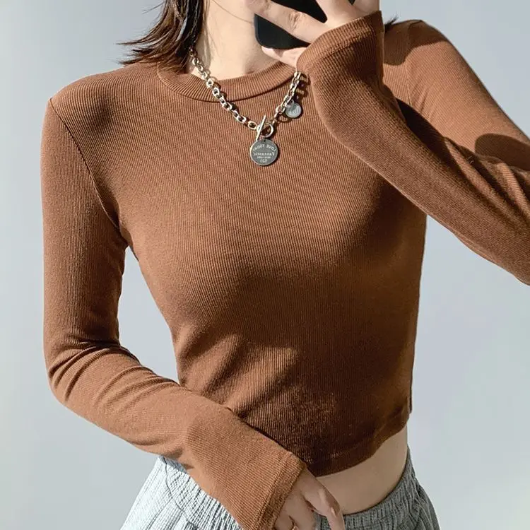 long sleeve crop top women Crew Neck Solid Slim Fit Ladies Crop Top with Thumb Holes for Daily Street