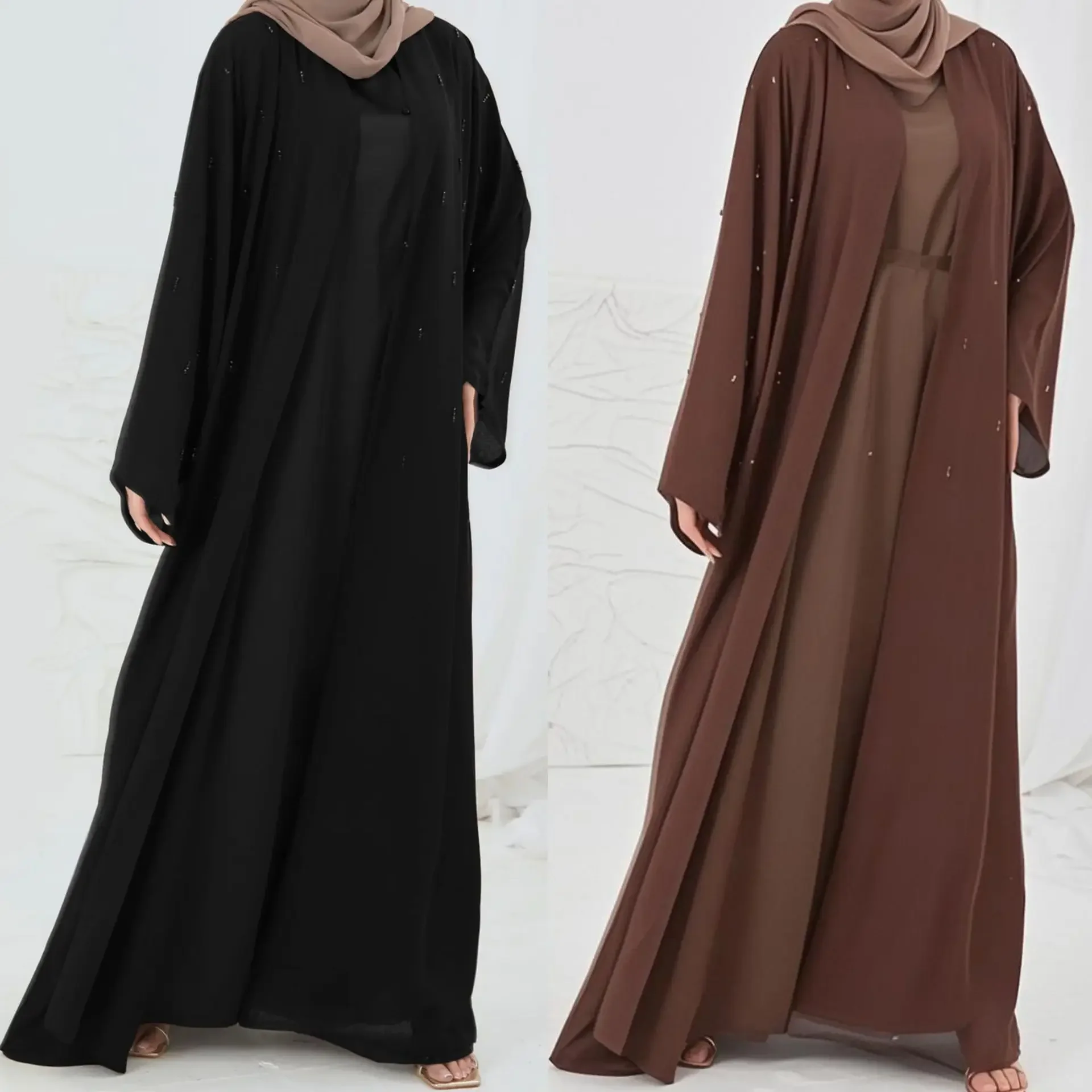 Femmes perles Abayas dubaï turquie caftan musulman Kimono Cardigan islamique ceinturé Jalabiya Ramadan Eid ouvert Abaya Robe Caftan Robe