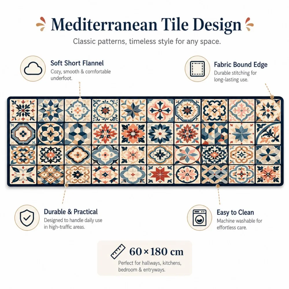 

ESRBSO Mediterranean Tile Runner Rug Vintage Floral Geometric Short Flannel Kitchen Hallway Mat 45x120 50x120 45x150 60x180cm