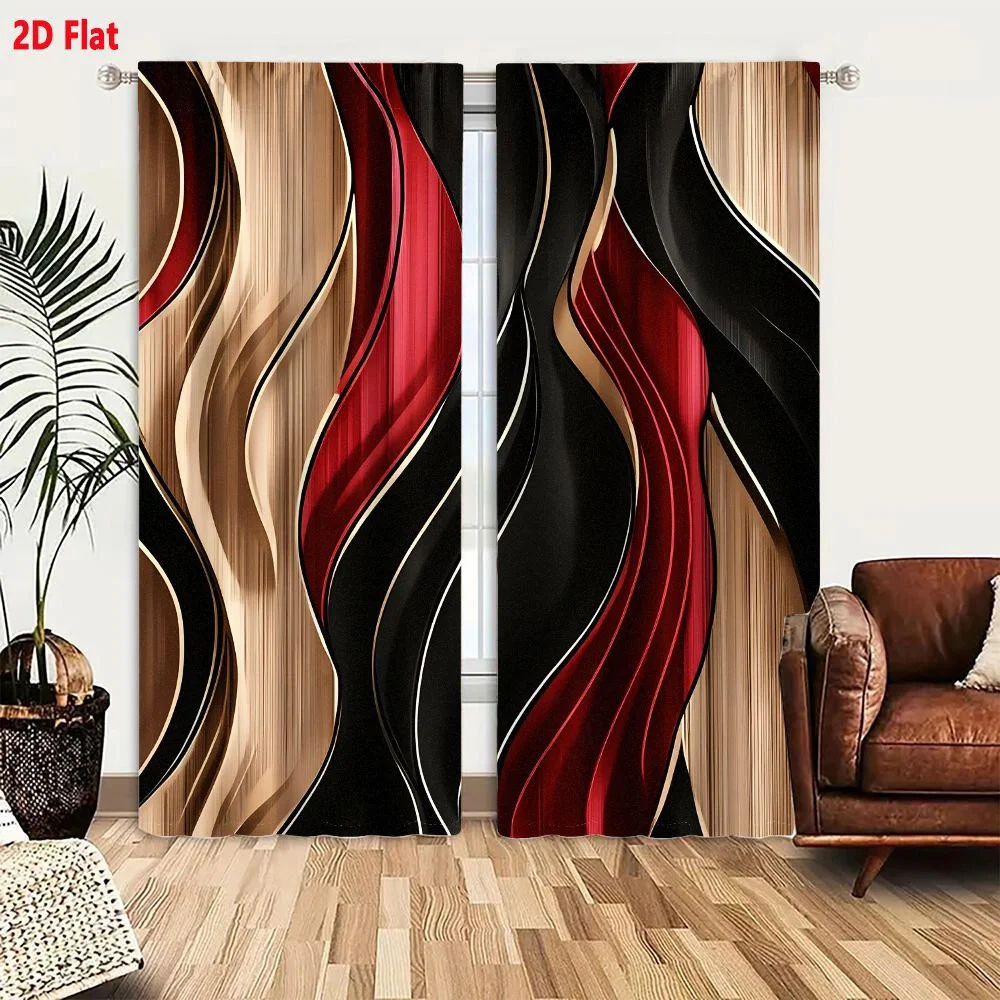 2Pcs Curtains Abstract Vertical Wavy Lines Art With Red Black And Beige Bands On Wood Grain Background Window Drapes for Bedroom