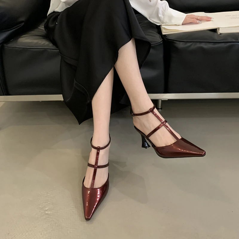 

Black Office Heels 7cm Burgundy Pointed Toe Slingback Heels Women T Belt Shoes Summer Ladies Shoes Stilettos Para Mujeres