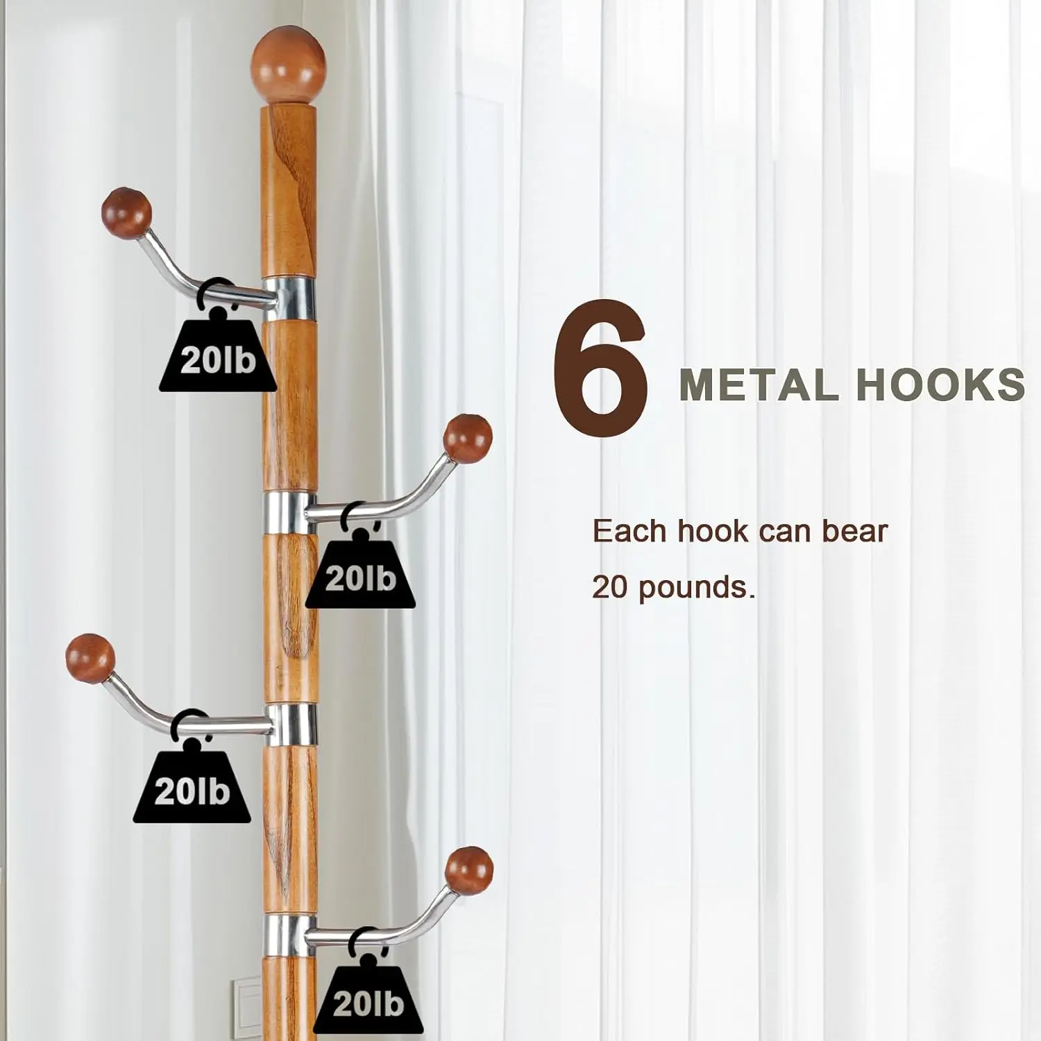 Wooden Coat Rack Stand Tree Freestanding 6 Hooks Sturdy Metal Base Round for Jacket Hat Bag Purse Clothes, Customized