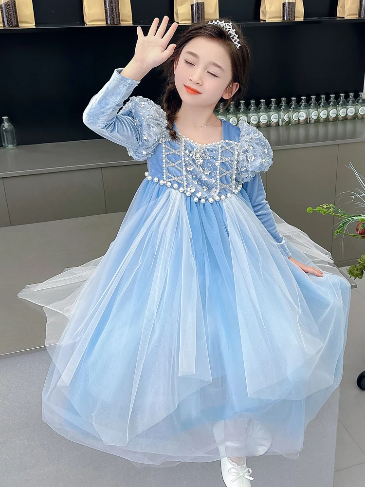 

Платье-сарафан Princ Elsa Velvet для девочек, осенне-зимнее, в стиле феи, пышное, с низкой посадкой на талии, для Хэллоуина, милый дизайн