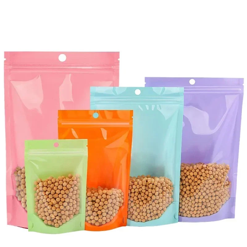 100pcs Multiples Sizes One Side Clear Transparent Pink/Orange/Purple Mylar Bags Plastic Food Storage Cashew Nuts Bag with Zipper