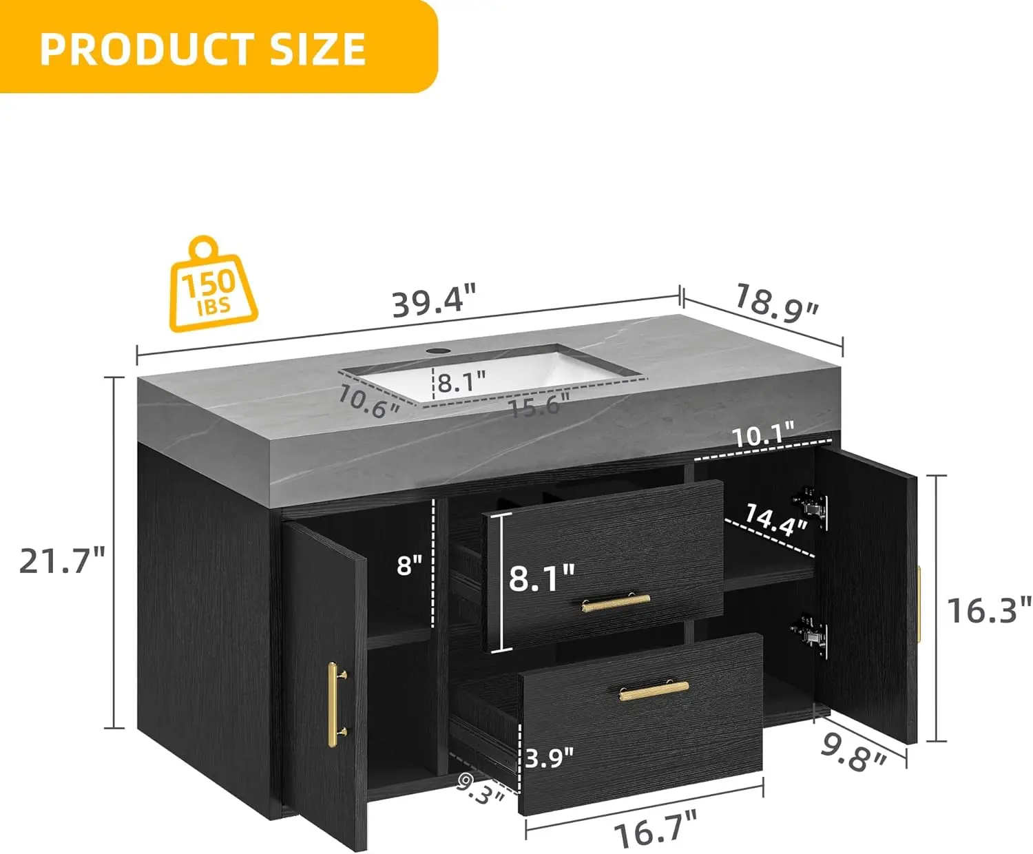 Floating Bathroom Vanity ,40 Inch Wall Mounted Bathrooms Vanitys with Stone Countertop and Ceramic Basin Sink ,Bathroom Cabinet