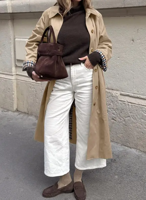 

Autumn Classic Style Fashionable British Style Lapel Long Trench Coat, Trendy Checkered Printed Patchwork Trench Coat Jacket