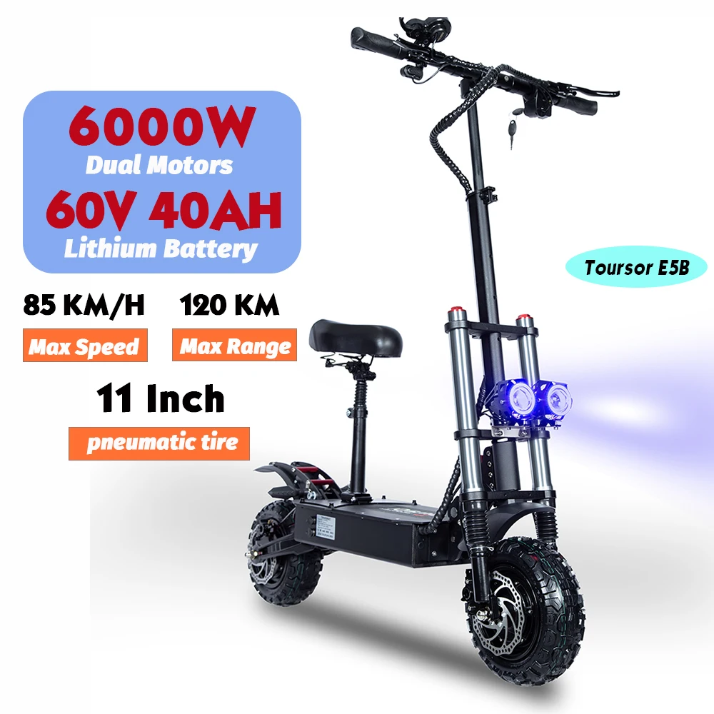 

E5B 6000W 60V 40Ah 11 inch off-road tyre trottinettes électriques dual motors removable seat skutery Folding Electric Scooter
