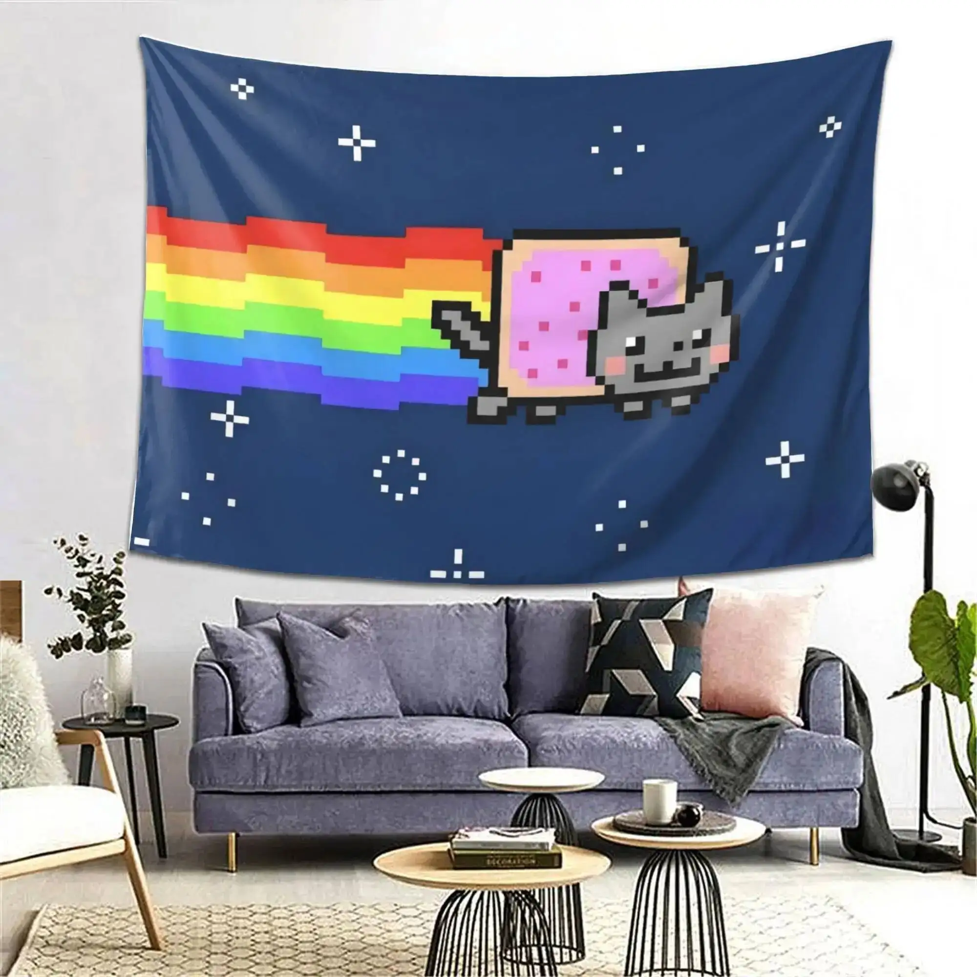 VIKAMA Pixel Art Cat Tapestry, Cute Kitten Wall Hanging For Bedroom Gaming Dorm Living Room Party , Aesthetic Home Decor