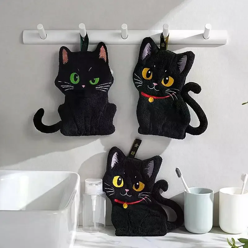 Cartoon Black Cat Shaped Hand Towel Absorbent Hanging Cloth for Kids Bathroom Kitchen Cleaning