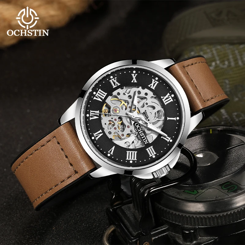 OCHSTIN Architect Series Men Hollow Mechanical Watch Skeleton Movement Quick‑fit Magnetic Buckle Strap Waterproof Wristwatch