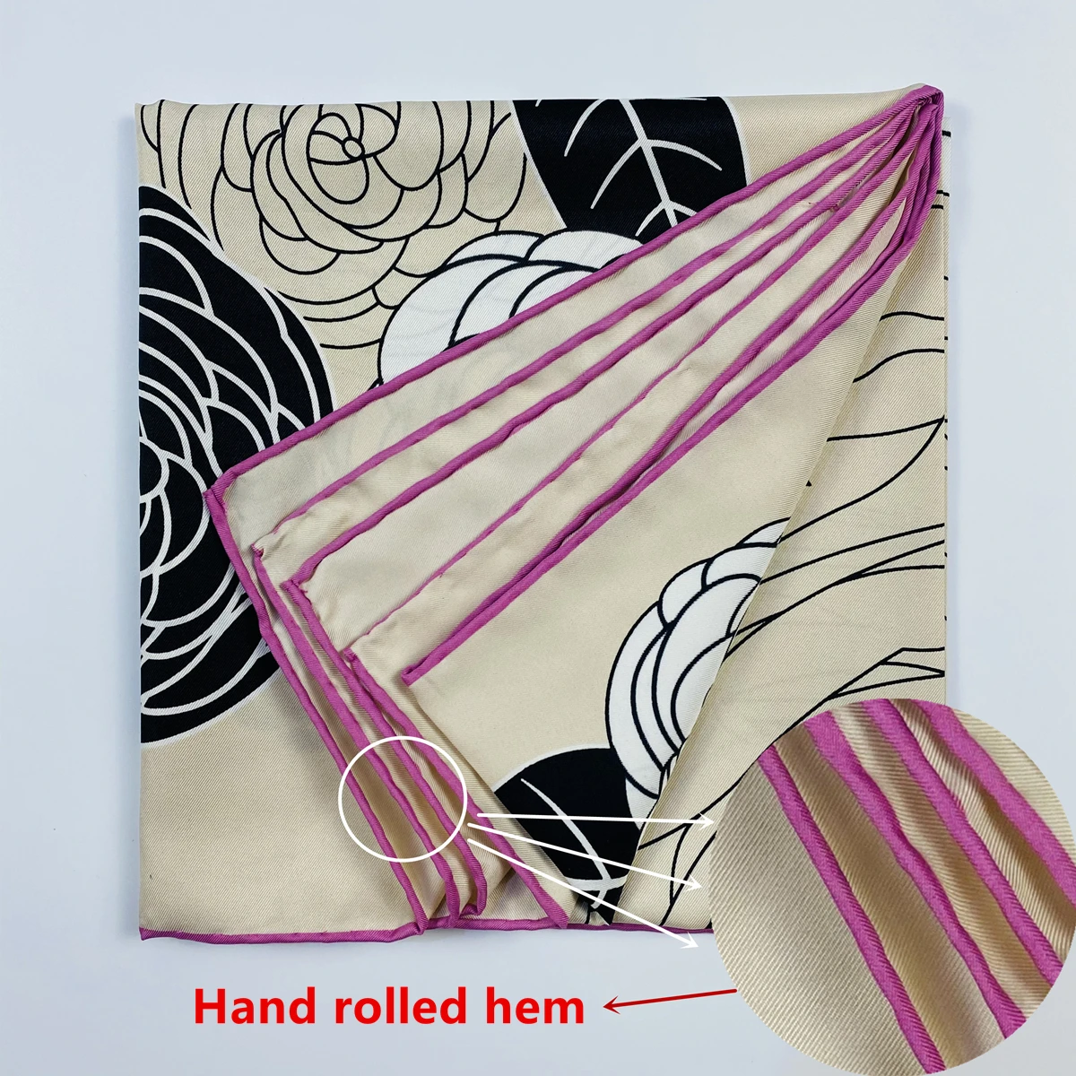 90cm Hand Rolled Edges Luxury Rose Twill 100% Silk Scarf Women Foulard Hijab Scarf Head Square Scarves Shawl 2024 Brand Design