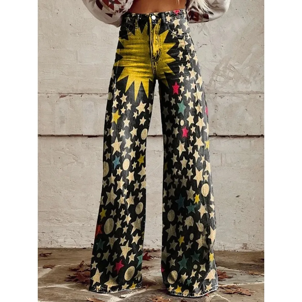 Y2K Ästhetik Himmlischer Sternenprint Hochgeschnittene Weite Hose Harajuku Punk Streetwear Lässige Loose-Fit Hose Cooler Outfit-Stil – Detail 3