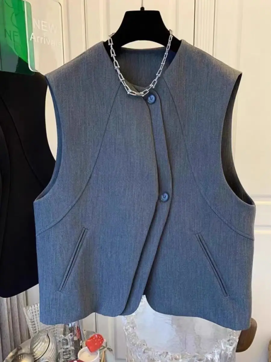 

Women Vest O-neck Sleeveless Jacket Asymmetry Suit Spring Autumn Simple Solid Layered Jackets Female Clothing