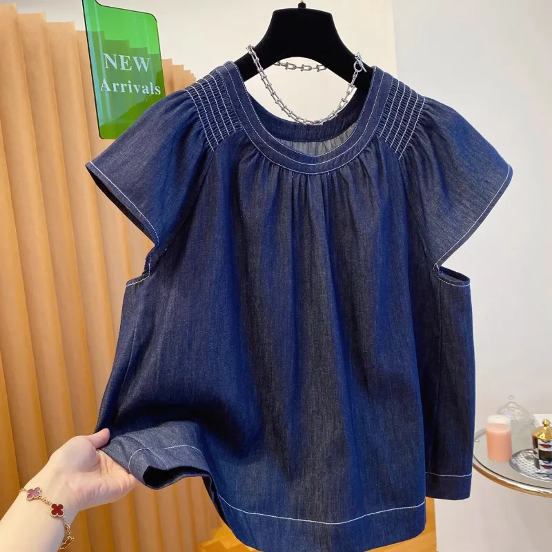 

All Match Washed Soft Denim Shirt for Women's Summer New Style Loose and Lightweight Casual Small Shirt Small Fly Sleeve Top