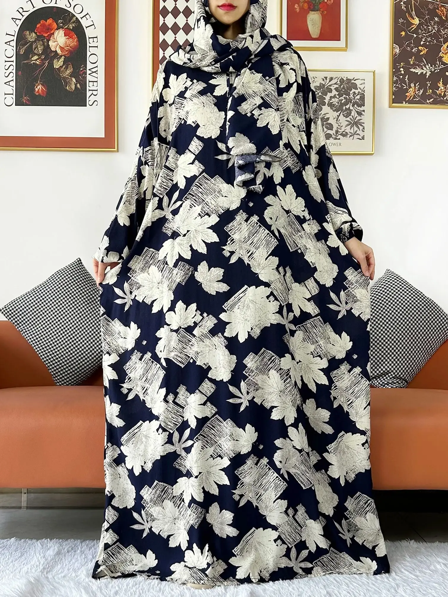 2024 musulmano floreale cotone signora Abaya Ramadan preghiera indumento Dubai turchia medio oriente Femme Robe allentato vestito africano turbante Joint