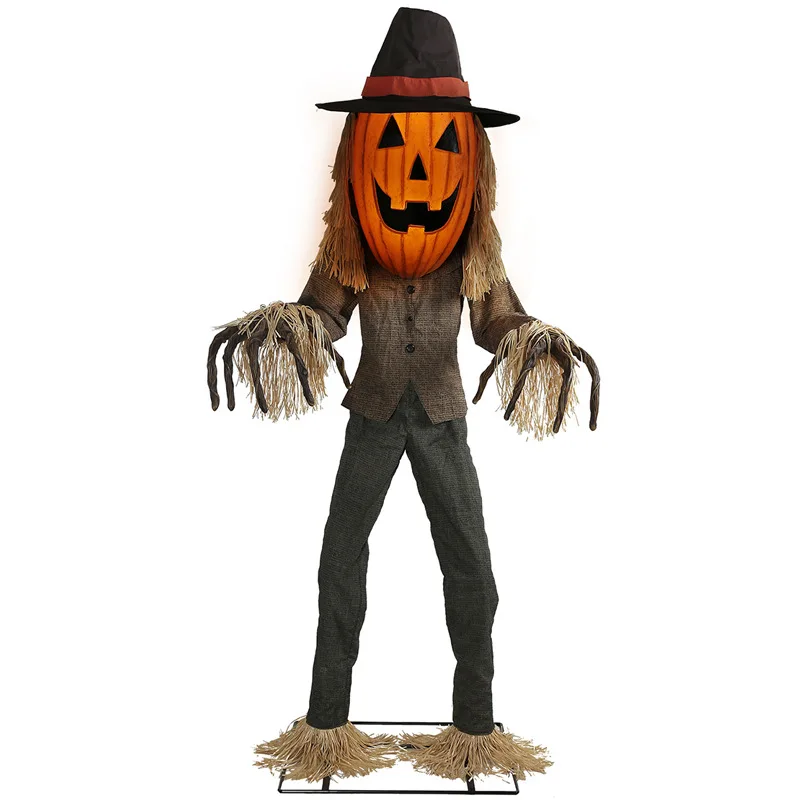 Halloween Large Electric Pumpkin Scarecrow Prop With Motion Sensor & Rotating Body For Haunted House Decor