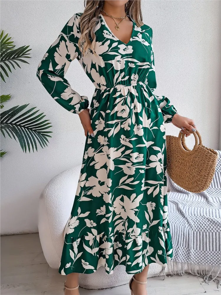 Waisted Long-sleeved Ruffled V-neck Dress Fashionable Casual Flower Print Long Dress 2026 Spring New Long-sleeved Elegant Skirt