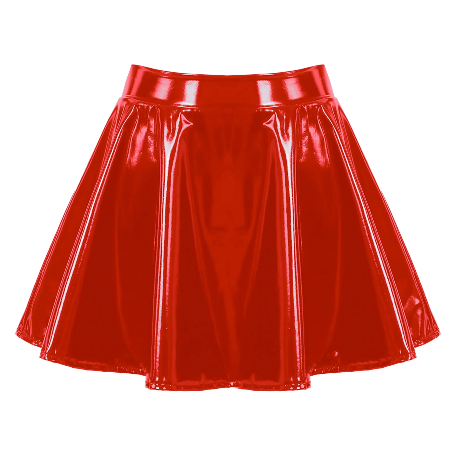 

Womens Glossy Patent Leather Flared Mini Skirt Invisible Zipper A-Line Mini Skirts Rave Bar Party Club Dance Performance Costume