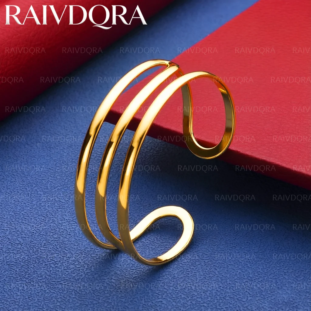 18K Gold Plated Three Line Cuff Bangle Bracelet For Women Men Fashion Wedding Engagement Party Jewelry Accessories